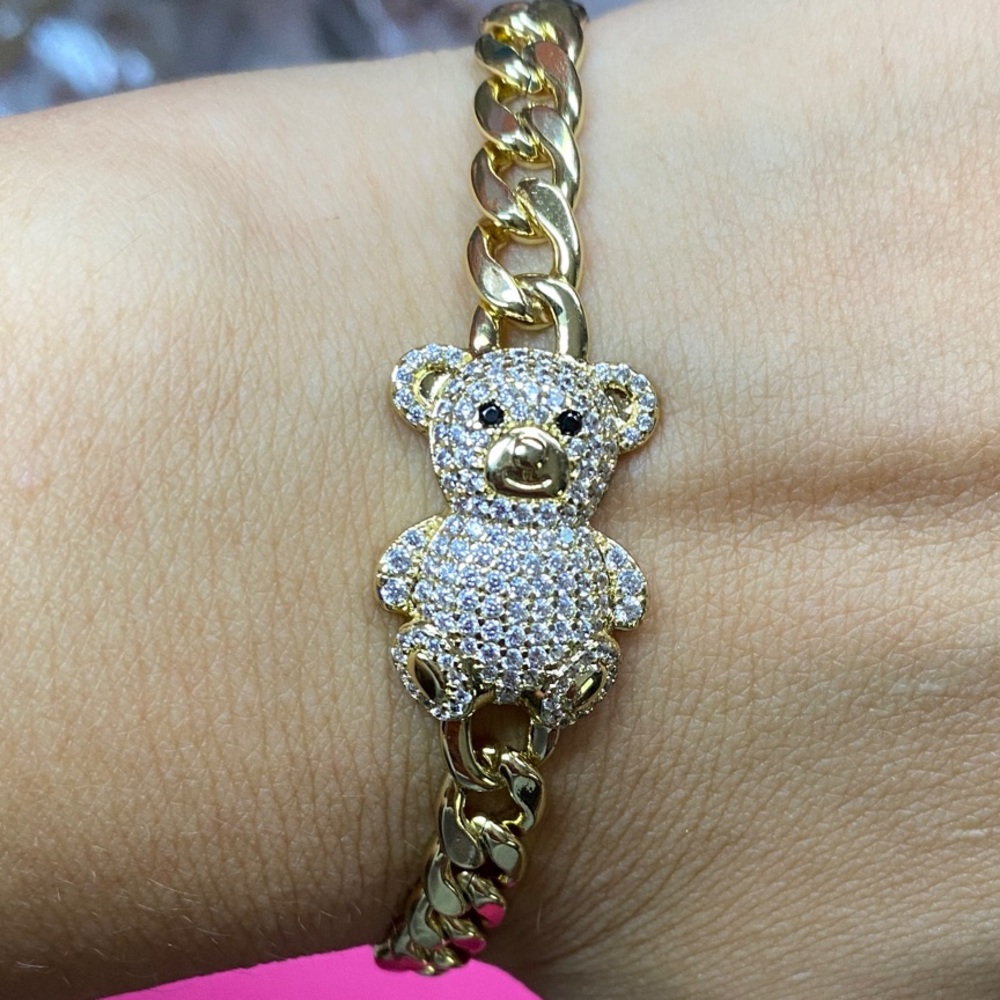 NEW laminated gold 14k bear bracelet with white zircons